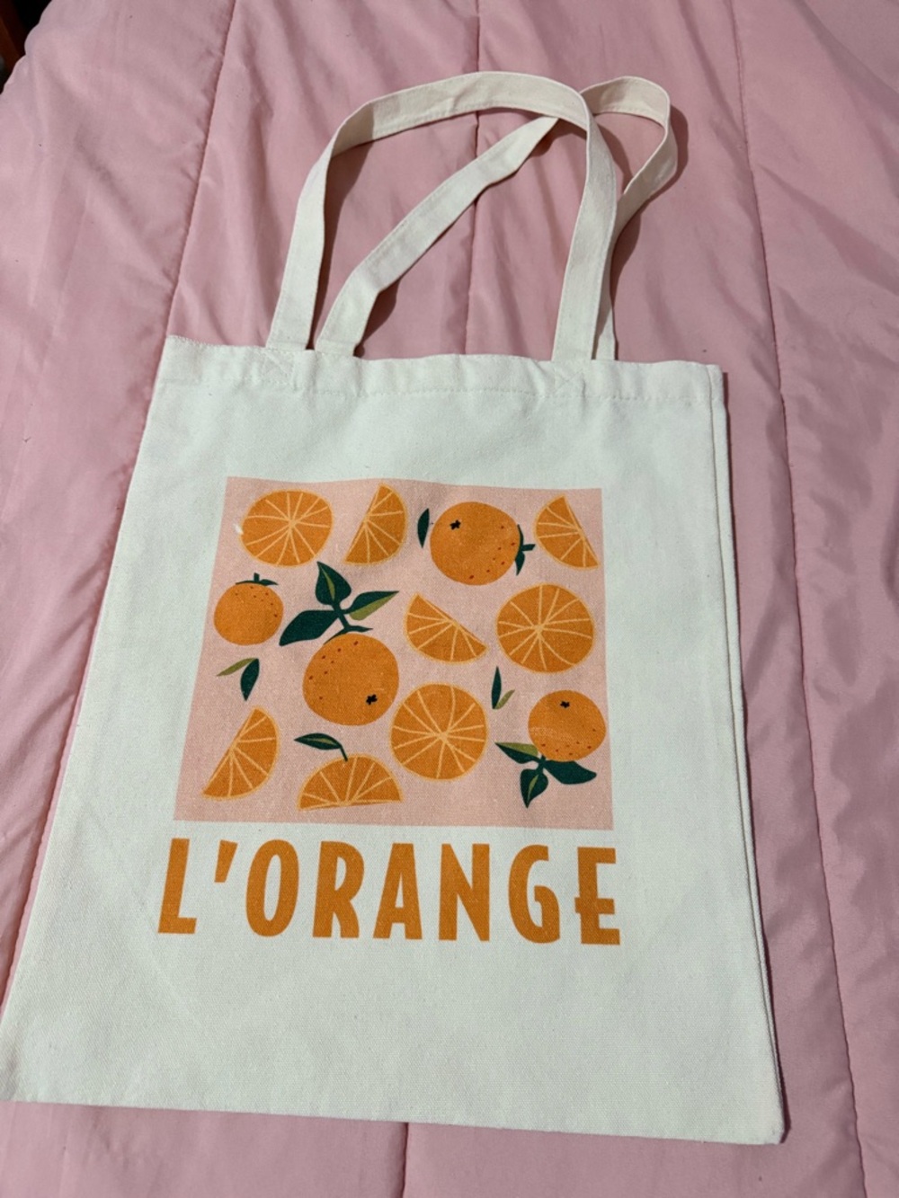 L'Orange Canvas Tote Bag with Orange Fruit Print